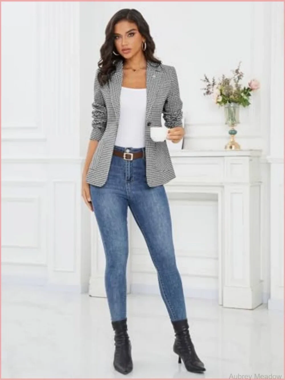 Houndstooth Plaid Blazer with Embroidered Collar - Business Casual Office